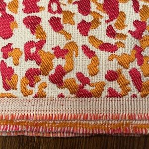 Upholstery fabric -new-  retro style design. Orange, pink, white.